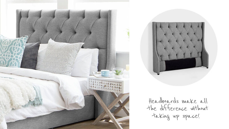 Insetting image of grey bed and headboard with white bedding and white mango wood pedestal